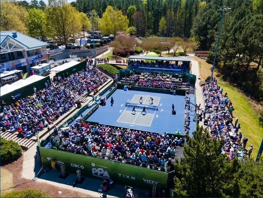 Aerial view of the stadium court at the Veolia Pickleball National Championships in Cary, NC