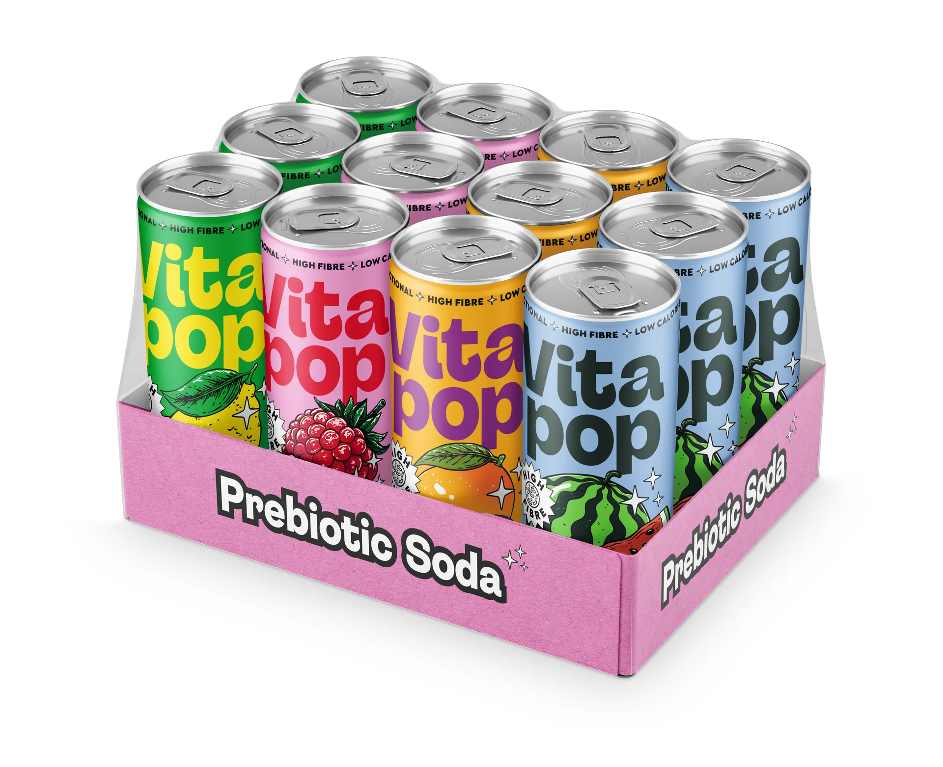 A 12-pack of Vitapop prebiotic soda cans in lemon, raspberry, mango, and watermelon flavors